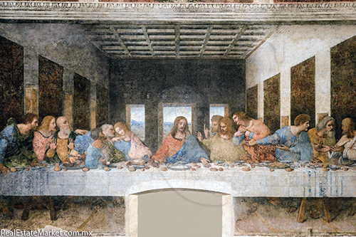 La última cena<br />Leonardo da Vinci<br />1495-1497<br />Temple y óleo <br />sobre yeso<br />Renacimiento<br />460 cm x 880 cm.
