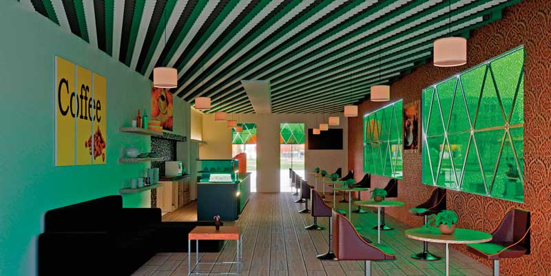 Real Estate,Real Estate Market and Lifestyle,Real Estate Market &amp; Lifestyle,Bioarquitectura,biopaneles,Greenfluidics, Render de cafetería con bionales Greenfluidics.