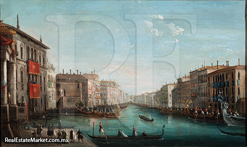 Venecia una vista del Gran Canal desde el Palacio, Balbi mirando el Puente del Rialto con una góndola.<br />1798 - 1800 Óleo sobre lienzo. ·<br />Giuseppe Bernardino Bisson